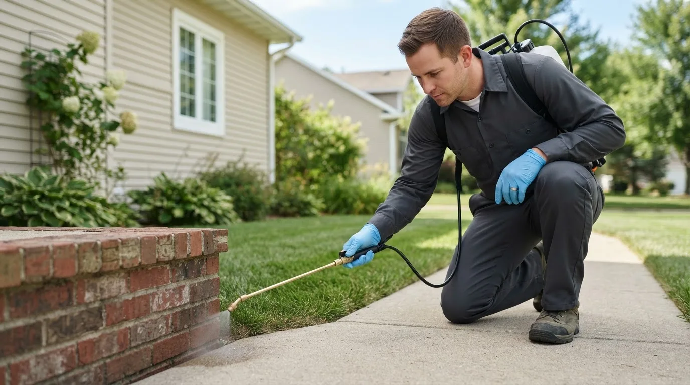 Pest control technician treating a home near Piqua, KS