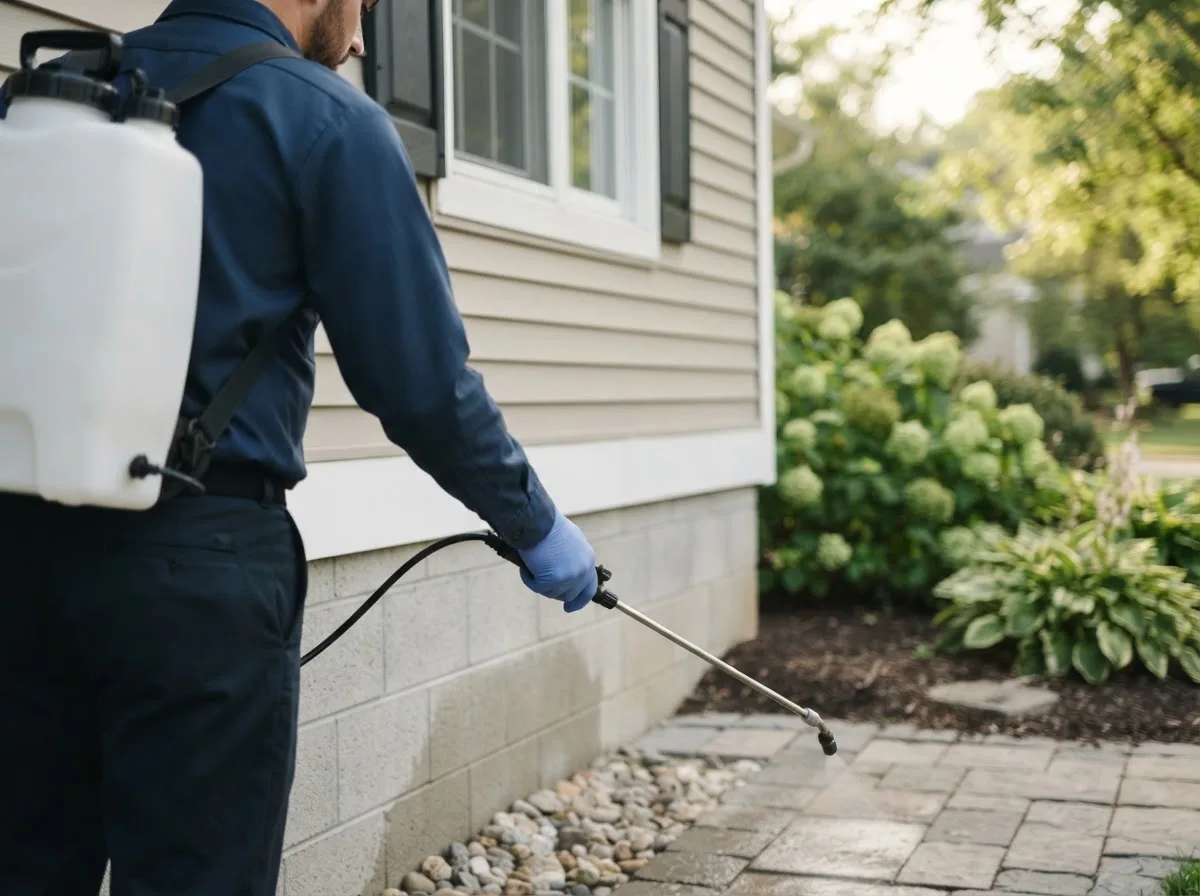 Pest control technician inspecting a home in Piqua, KS